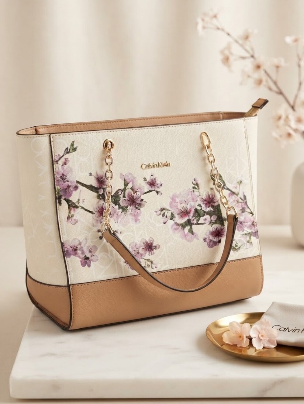 ​Calvin Klein Floral Cherry Blossom Print Tote Bag Tan Cream Gold Chain Shoulder